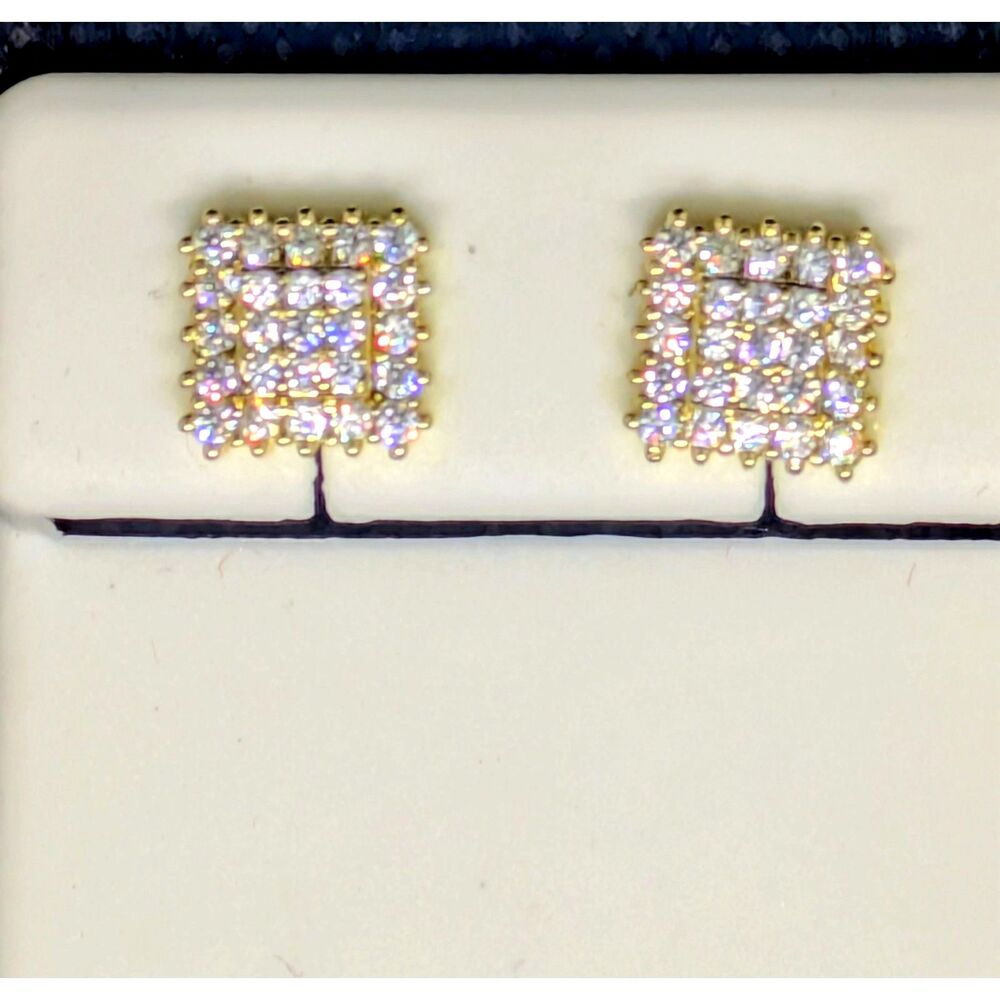 Gold Moissanite Square Cluster Iced Out Pave Screw Back Stud Unisex Earrings